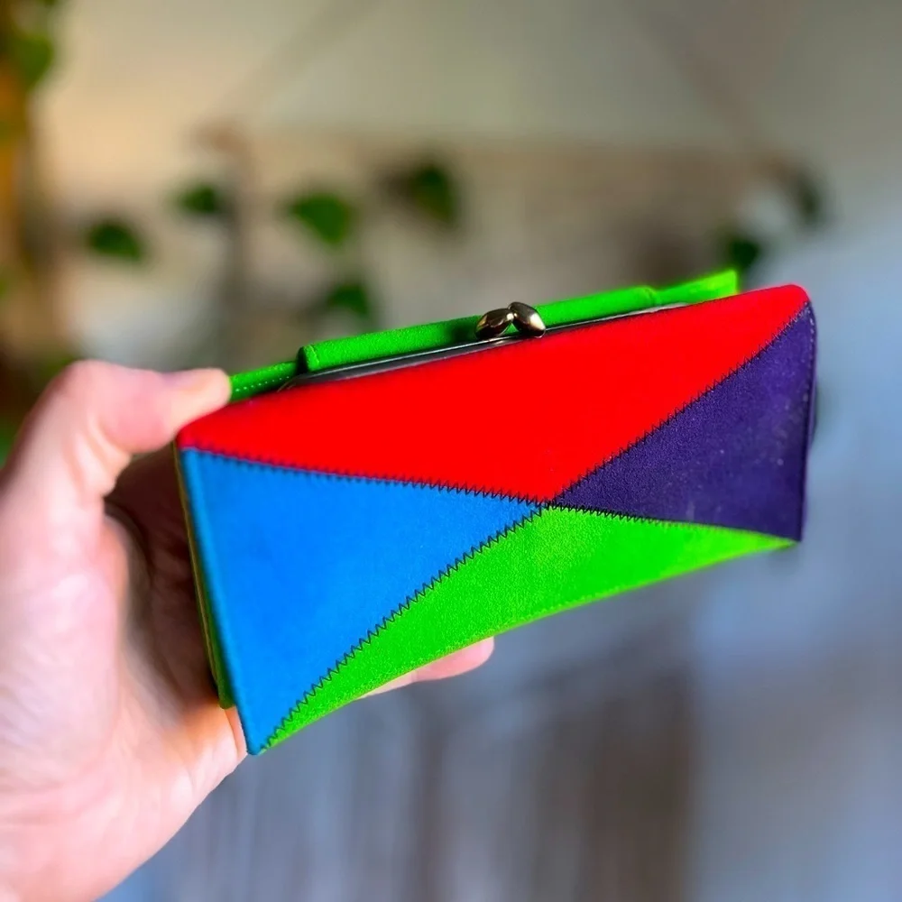 Vintage Princess Gardner Suede Patchwork Wallet Clutch– 1980s Rainbow Colorblock